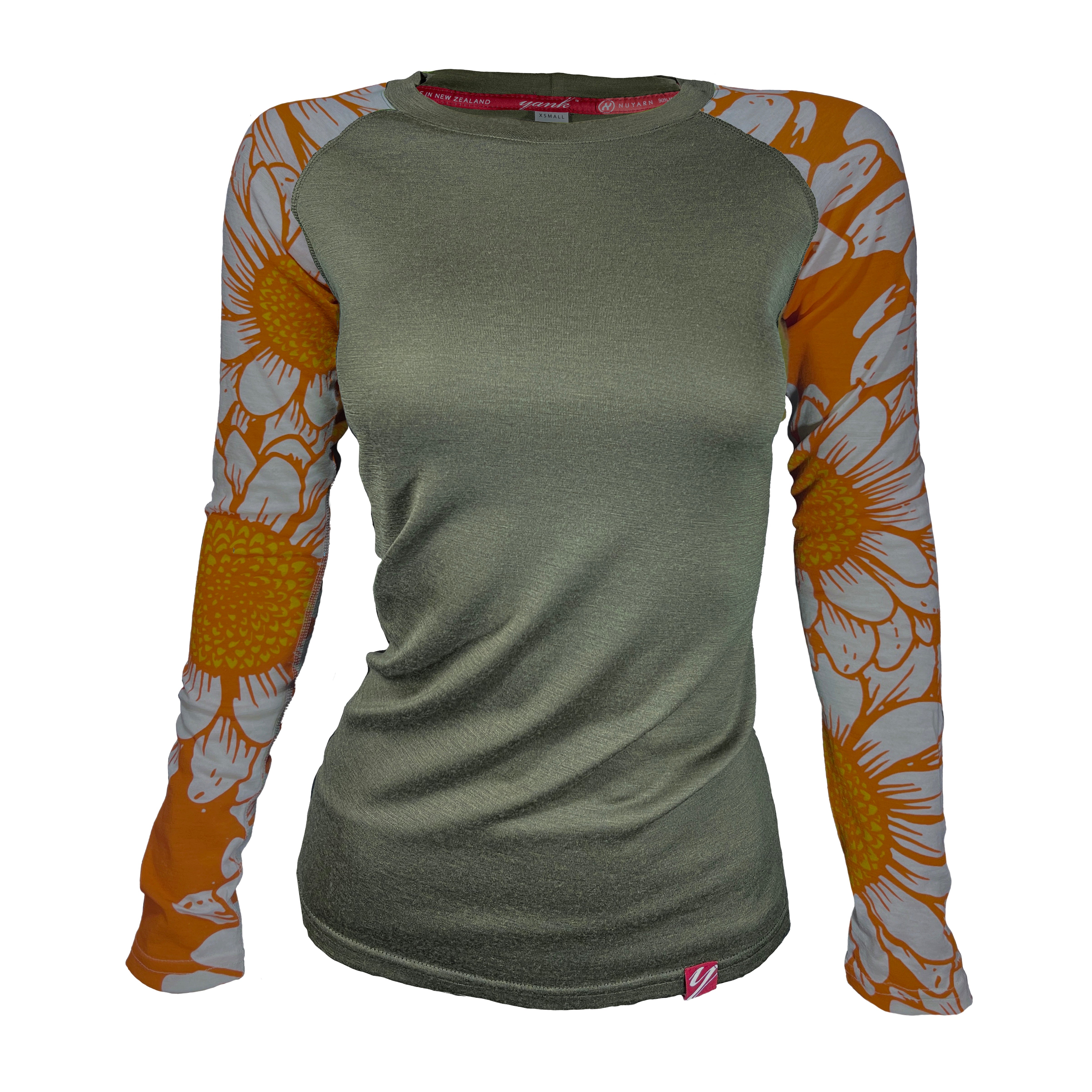 Women's Flower Power Long Sleeve Merino| Olive – Yank NZ