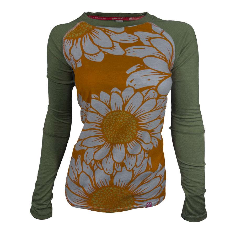 Women's Flower Power Long Sleeve Merino| Zesty Olive